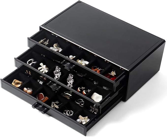 YUFONG Earring Organizer Box Acrylic Jewelry Organizer with 3 Drawers 54 Adjustable Grids Clear Stackable Earring Holder Velvet Trays Ring Display Case for Women Girls (Black Black)