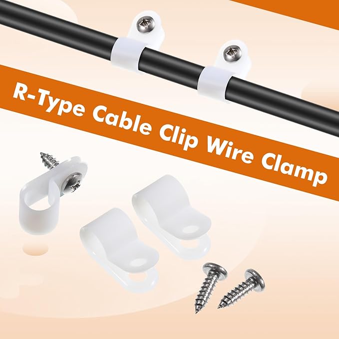 Hicarer 50 Pack R-Type Cable Clip Wire Clamp, Nylon Screw Mounting Cord Fastener Clips with 50 Pack Screws for Wire Management (White,3/8Inch)