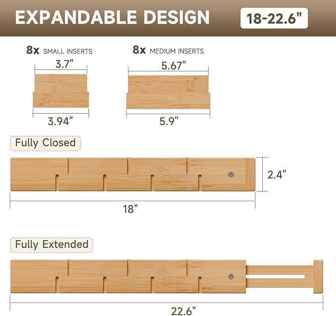 Bamboo Drawer Dividers, Expandable Kitchen Drawer Organizer, Include 8 Dividers, 8 Small Inserts and 8 Medium Inserts for Home, Office, Dressers
