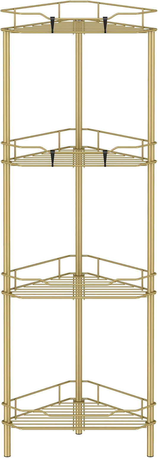 4 Tier Floor Standing Corner Shower Caddy Organizer Shelf with Hooks, Gold