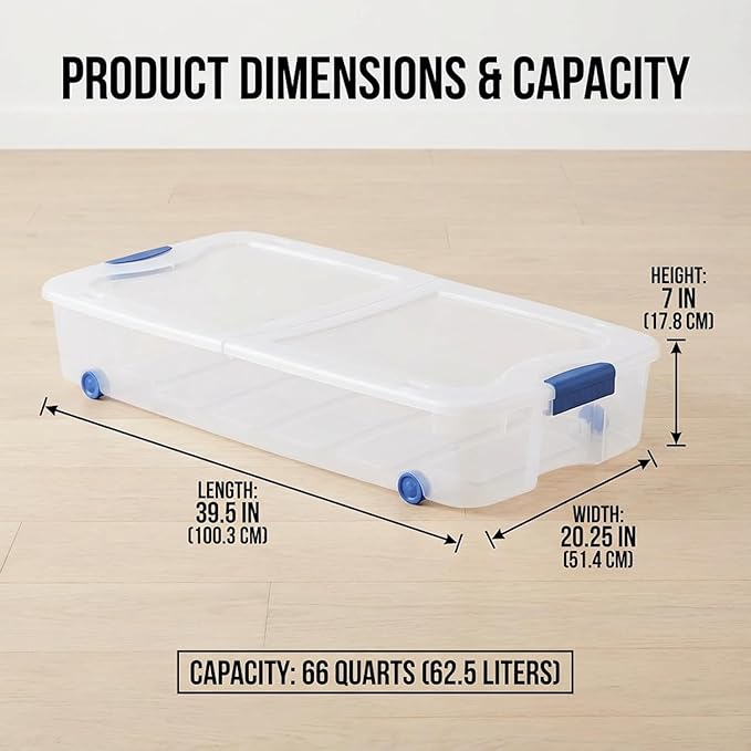 66 Quart Clear Underbed Storage Bin with Wheels & Latching Lid - Low Profile Plastic Storage Container for Clothes, Shoes, Bedding, Wrapping Paper Organizer, Slim Rolling Under Bed Storage Box