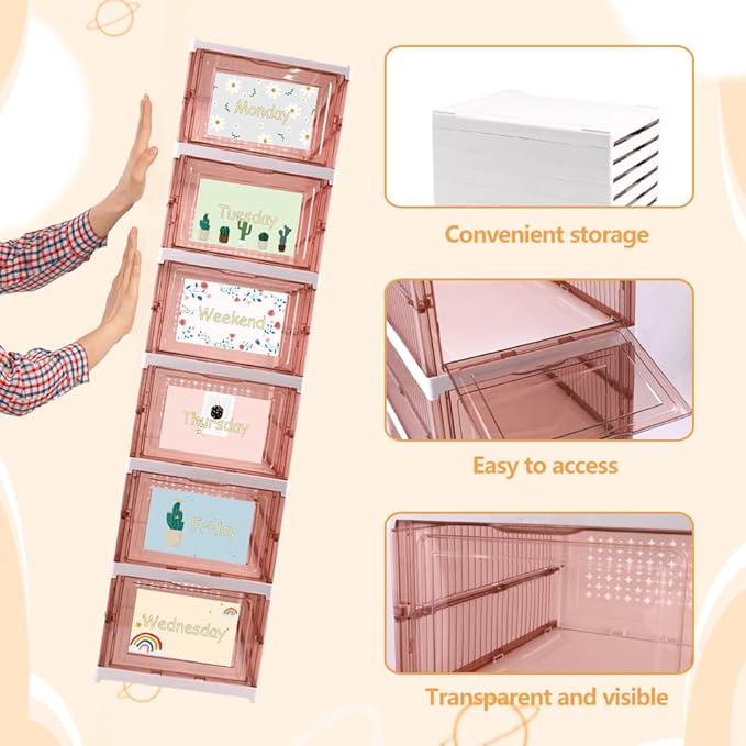 6 Shelf Weekly Clothes Organizer for Kids, Foldable Days of The Week Clothes Organizer with Door Hanging Closet Organizer Storage for Boys and Girls Monday Through Friday Essential Stuff (Brown)