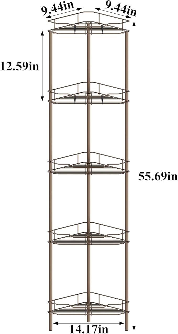 5 Tier Floor Standing Corner Shower Caddy Organizer Shelf with Hooks, Bronze