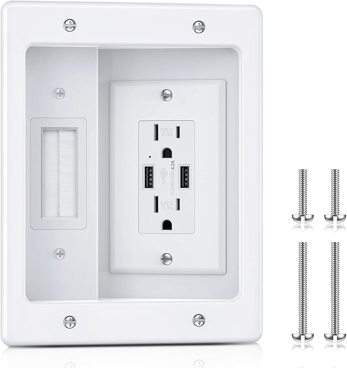ELECPOW Cord Hider Wall with Dual AC Outlets & Dual USB-A Ports, in Wall Cable Management Kit for Wall Mounted TV,Recessed Outlet with TV Wire Hider for Power Cables & Low Voltage Wires