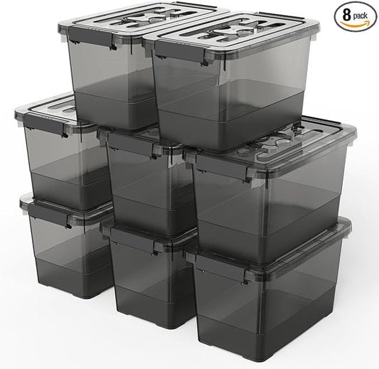 8-Pack Clear Black Plastic Storage Bins with Lids/Handles