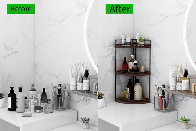 3-Tier Corner Bathroom Organizer Countertop for Storage, Vanity Tray, Walnut