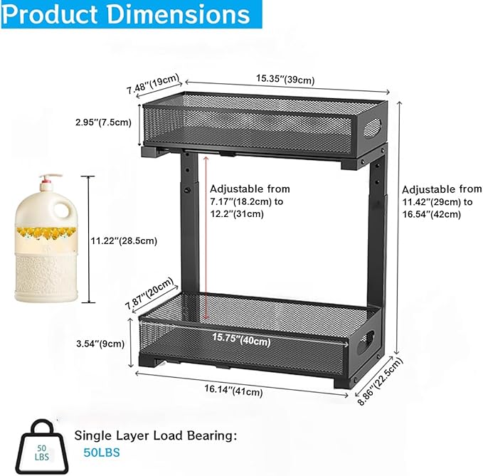 1 Pack Under Sink Pull Out Organizer, 2-Tier Adjustable Height Carbon Steel Storage Rack for Kitchen and Bathroom Cabinet, Black