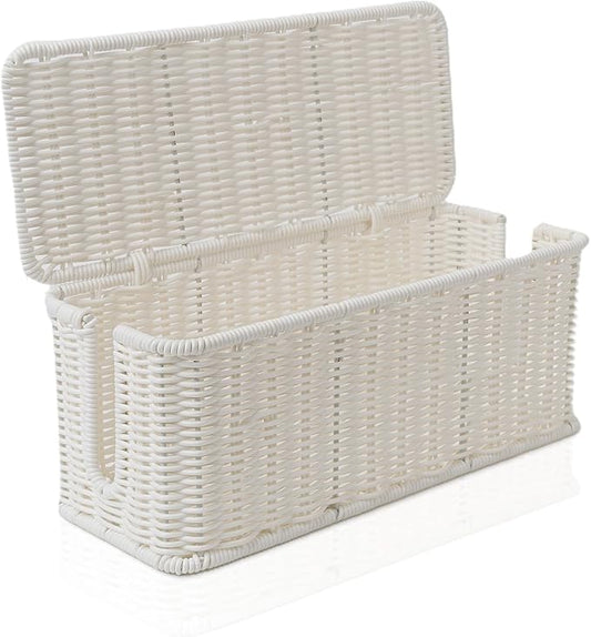 Cable Management Box, Handmade Rattan Cable Organizer with 2 Open Slots, White