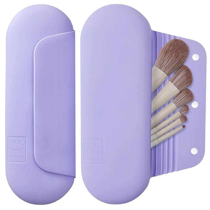 AGIKET Silicone Makeup Brush Holder Travel Cosmetic Bag：Soft Portable Cosmetic Face Brushes Holder with Upgrade Anti-Fall Out Magnetic Closure, Large Travel Makeup Brush Case - Lavender