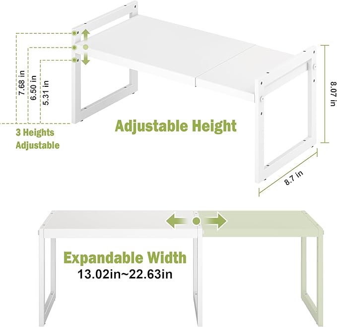 DOLALIKE Expandable Kitchen Countertop Organizer, Stackable Cabinet Shelf Organizers, Space Saving Spice Rack Pantry Storage for Bathroom Office Organization (White, 1 Tier)