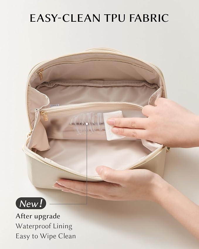 EACHY Travel Makeup Bag, Large Capacity Cosmetic Bag for Women, Waterproof PU Leather, Flat Open Portable Toiletry Bag for Skincare, Brushes & Travel Essentials
