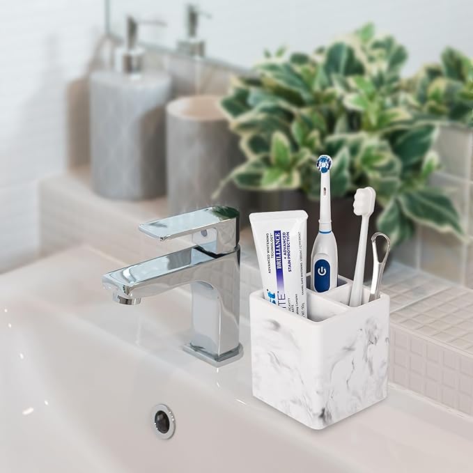 Diatomite Toothbrush Holders for Bathrooms, Electric Toothbrush and Toothpaste Holder 3 Slots Tooth Brush Organizer for Bathroom Countertop, Shower, Vanity - Marble White