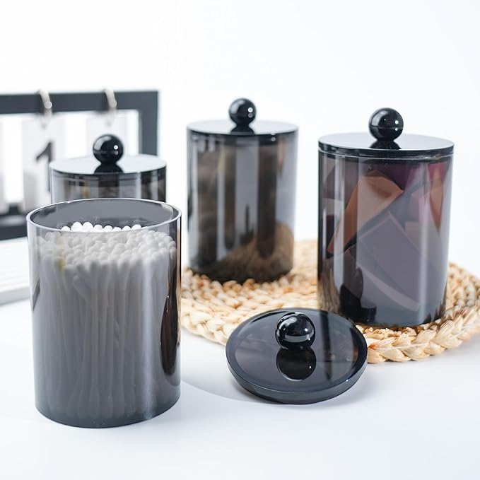 XIPENGKEJI 4 Pack Qtip Holder,Canister Apothecary Jar Set, Bathroom Jars with Lids Set for Cotton Swabs, Balls, Pads, Floss Picks,10oz-12oz Plastic Canisters Restroom Bedroom Vanity Organizer(Black)