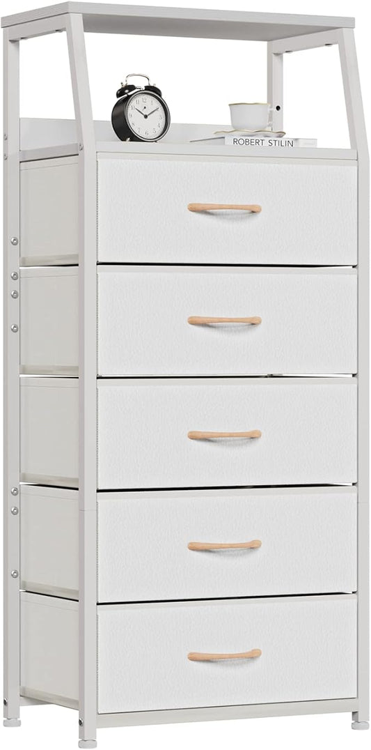White Dresser with 5 Drawers, Vertical Storage Tower Fabric Dresser for Bedroom