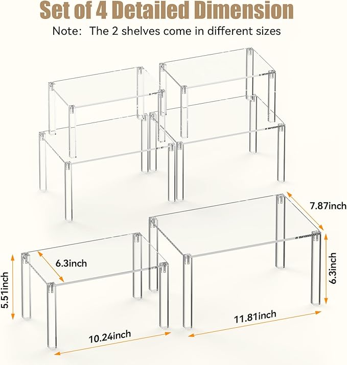 YUNEASELF Clear Cabinet Organizer: Acrylic Shelf Riser Set of 4 for Kitchen Pantry Organizers and Storage - Countertop Spice Rack for Cabinet - Stackable Display Shelf Decor for Gift