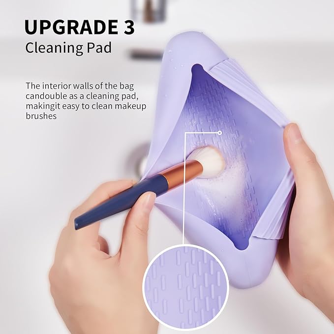 AGIKET Silicone Makeup Brush Holder Travel Cosmetic Bag：Soft Portable Cosmetic Face Brushes Holder with Upgrade Anti-Fall Out Magnetic Closure, Large Travel Makeup Brush Case - Lavender
