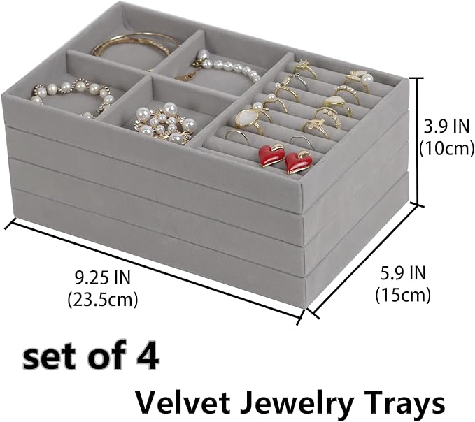 Set of 4 Stackable Jewelry Trays Organizer, Velvet Earring Organizer, Gray