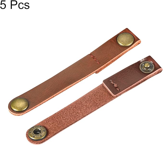 MECCANIXITY Pack of 5 Leather Cable Straps Cord Organizer 90x12mm Portable Cable Leather Clips Light Brown Earphone Cord Management for Cable, Wire