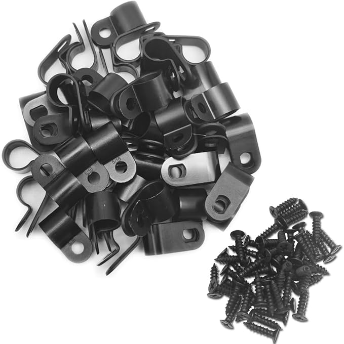 Cable Clamp R-Type Cable Clip Wire Clamp 5/16" Nylon Screw Mounting Cord Fastener Clips with Screws for Wire Management - Black - 50 Pcs