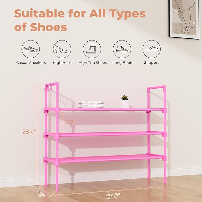 3 Tier Shoe Rack for Closet, Shoe Organizer with 5 Hooks, Pink