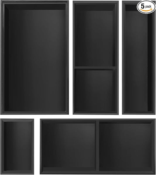 Bamboo Drawer Organizer, 5 PCS Black Silverware Tray&Desk Organizers and Storage