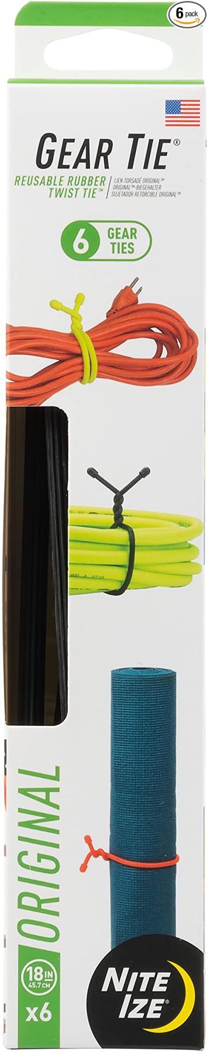 Nite Ize Gear Tie Original ProPacks - Reusable Rubber Twist Ties for Indoor & Outdoor Use - Bendable Wire Interior - Durable Rubber Exterior - Secure Grip - Black, 18" (6 Pack)