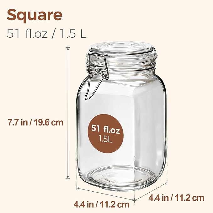 Set of 3 Square Glass Jars with Airtight Lids (51 Oz)
