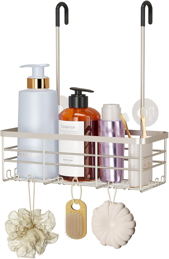 HapiRm Hanging Shower Caddy Organizer - No Drilling Shower Organizer with Hooks, Rustproof & Waterproof 304 Stainless Steel Bathroom Shelves - Brushed Nickel (1 Basket)