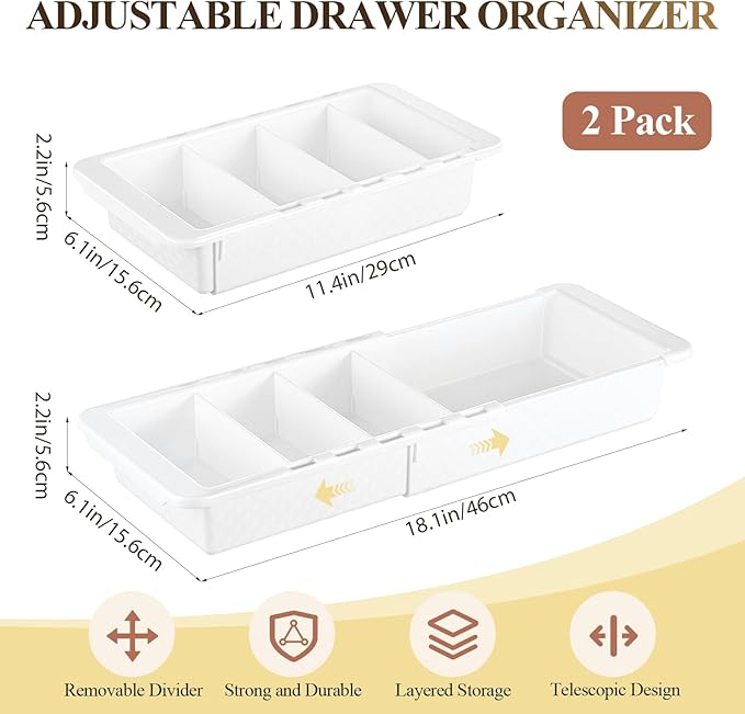 2 Pcs Expandable Drawer Organizer Bins Adjustable Deep Drawer Hanging Organizer