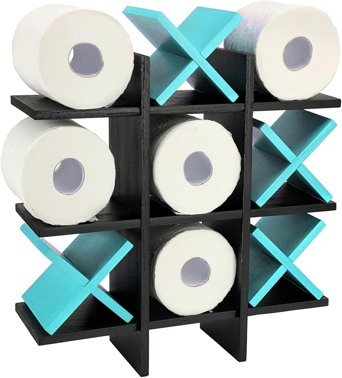 Weysat Tic Tac Toe Toilet Paper Holder Stand Bathroom Wall Decor Rustic Wooden Hanging Storage Freestanding Wall Mounted Shelves Decor for Toilet Tissue Farmhouse