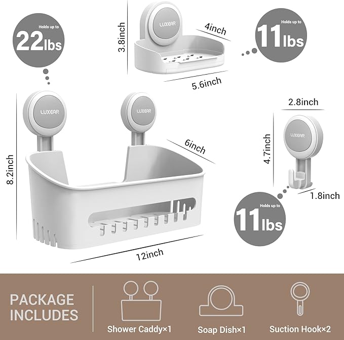 LUXEAR 4 Pack Shower Caddy Set - Suction Cup Shower Shelf+Soap Dish+Hooks - 1 Sec Installation NO-Drill Removable Powerful Waterproof Organizer for Bathroom/Kitchen/RV 22LBS Capacity Removable