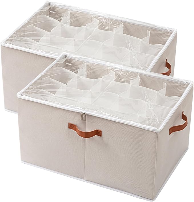 2 Pack Shoe Organizer for Closet - Under Bed Storage with Adjustable Dividers and Clear Cover, Stackable Shoe Rack Fit 16 to 32 Pairs for Dorm Room Essentials (White, 20 Grids)