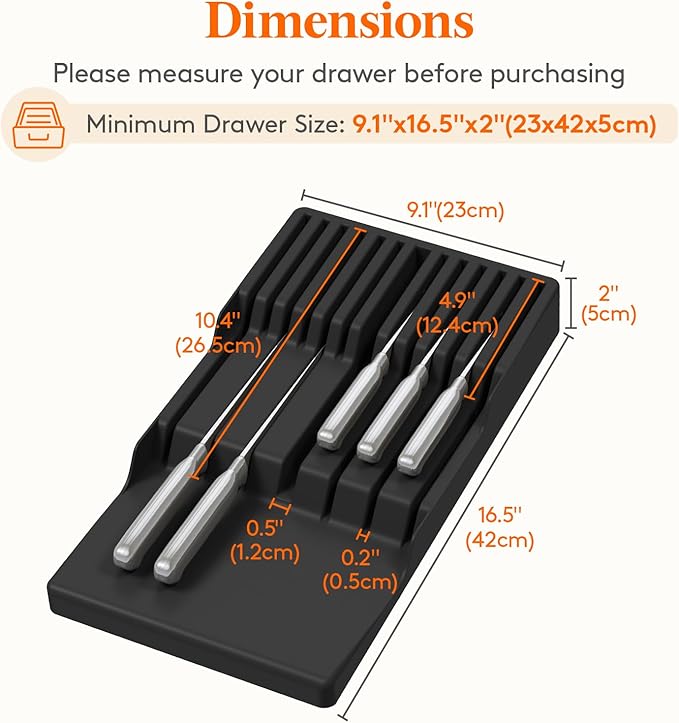 Lifewit Magnetic Drawer Knife Organizers Insert, Kitchen Plastic In Drawer Knife Block Slots, Steak Chefs Knives Holder Storage Sets for 12 Knives and 1 Sharpening Steel, Large, Black