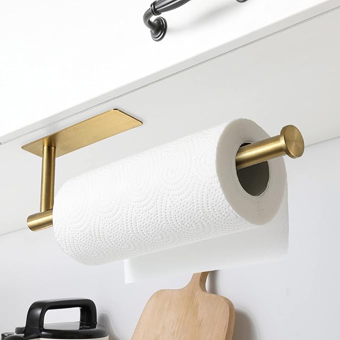 theaoo Paper Towel Holder - Under Cabinet Paper Towel Holder for Kitchen, Adhesive Paper Towel Roll Rack for Bathroom Towel, Wall Mounted Paper Towel Rack, SUS304 Stainless Steel(1, Gold)