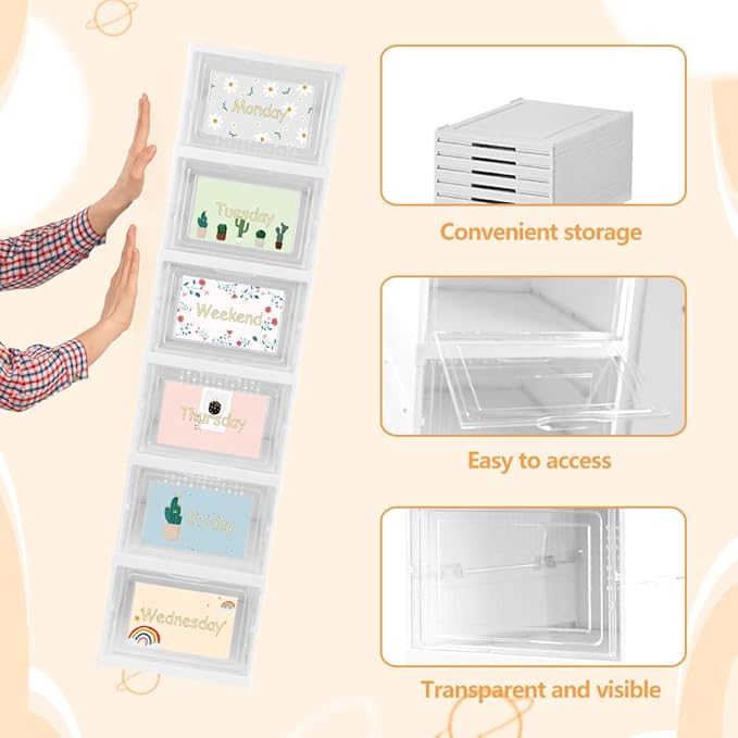 6 Shelf Weekly Clothes Organizer for Kids, Foldable Days of The Week Clothes Organizer with Door Hanging Closet Organizer Storage for Boys and Girls Monday Through Friday Essential Stuff (White)