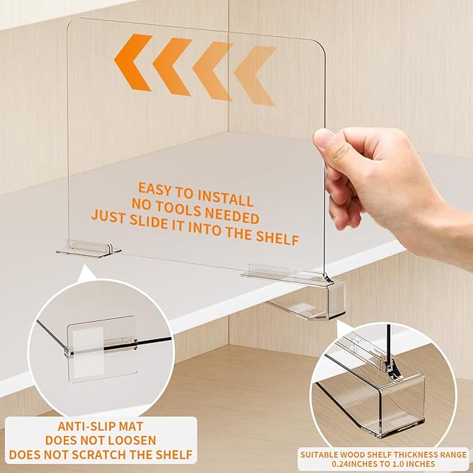 Yieach Adjustable Height Clear Shelf Dividers,6 Pack Acrylic Closet Shelf Dividers for Organization,11.1 Inch Tall Vertical Plastic Shelf Separators for Towel,Sweater,Towel Organizers and Bookshelf