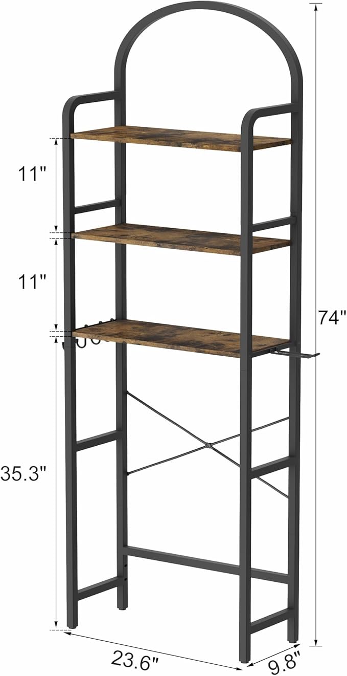 74" H Over the Toilet Storage Rack, 3-Tier Bathroom Organizer with Toilet Paper Holder & Hooks, Metal Frame with Wooden Shelves, Space Saver for Small Bathroom, Rustic Brown and Black