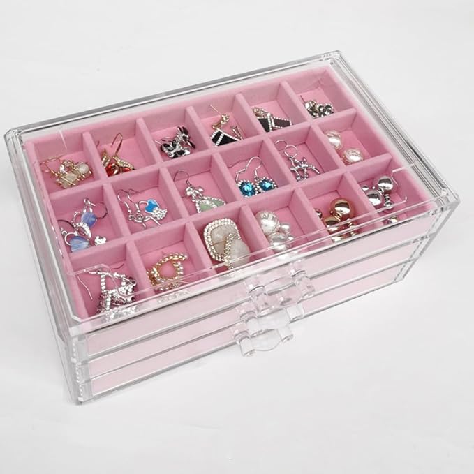 YUFONG Earring Organizer Box Acrylic Jewelry Organizer with 3 Drawers 54 Adjustable Grids Clear Stackable Earring Holder Velvet Trays Ring Display Case for Women Girls (Pink)