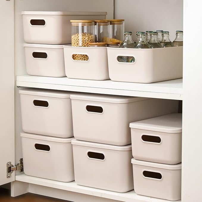 Yishyfier Plastic Storage Baskets With Lid Organizing Container Lidded Knit Storage Organizer Bins for Shelves Drawers Desktop Closet Playroom Classroom Office (4M+2S, Light grey)