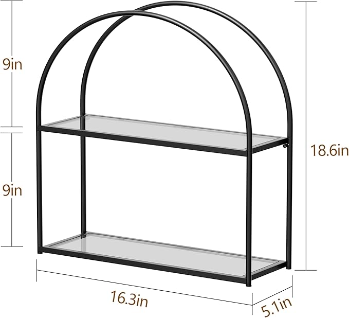 Crofy Black Arched Frame Wall Shelf, Decorative 2 Tier Bathroom Wall Shelf with Transparent Tempered Glass Shelves and Robust Storage Capacity, 5.1" D x 16.3" W x 18.6" H