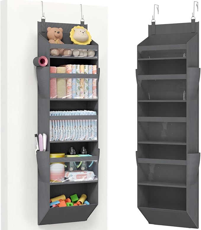 Lifewit 1 Pack Over the Door Organizer, 5 Section Clear Window Hanging Storage with 4 Side Pockets, Sturdy Anti Tilt 40 lbs Load Behind Door for Closet, Bedroom, Bathroom, Nursery, Dorm, Dark Gray