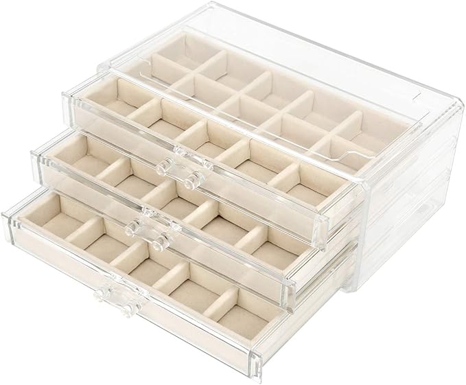 FEISCON Acrylic Jewelry Organizer Makeup Cosmetic Storage Organizer box Clear Jewelry Case with 3 Drawers Adjustable Jewelry Box Velvet Trays grid size