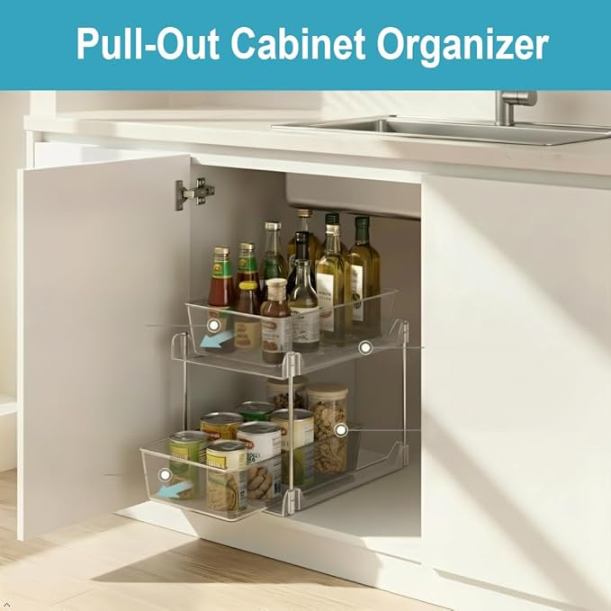 2 Pack Bathroom Organizers and Storage,2-Tier Clear Under Sink and Pull-Out Cabinet Organizer with Track for Kitchen, Pantry,Vanity Countertop,Medicine Cabinet,Closet Drawers Bins