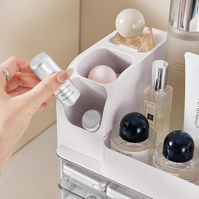 Makeup Organizer with Drawers for Vanity,Bathroom Countertop Organizer with Brushes Holder,Skincare Storage Organizer,Perfect Cosmetic Display Case for Skincare,Lipstick and Beauty Essential (White)