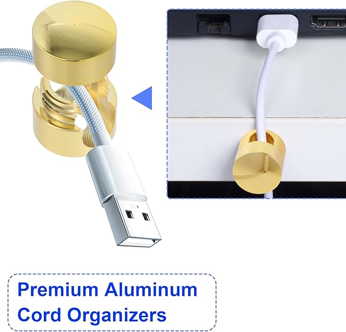 SmallCat 10 Sets Charger Holders for Cords, Gold Color Adjustable Cable Anchor Holders, Adhesive Metal Cord Clips, Cable Management Wire Organizers for Desk, Office, Nightstand