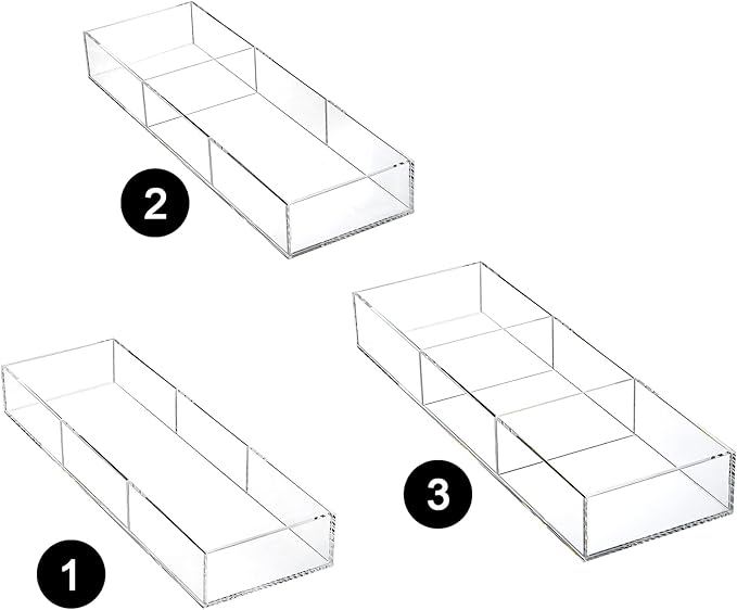 Peohud 2 Pack Acrylic Drawer Organizer Tray, 6/3 Section Clear Makeup Tray Organizer for Drawer, Junk Drawer Storage for Office Desk Supplies and Accessories