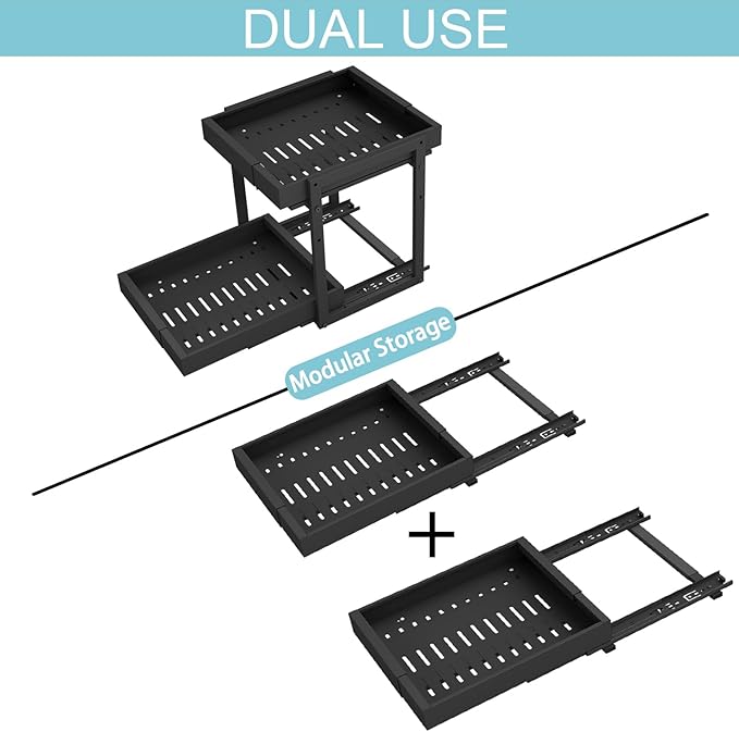 Golener 2-Tier Expandable Pull Out Cabinet Organizer - 21" Deep Pull-Out Drawers for Kitchen Cabinets, 2 Slide Home Storage Organizers, Slide Out Shelves for Base Cabinet Organization in Kitchen,Black
