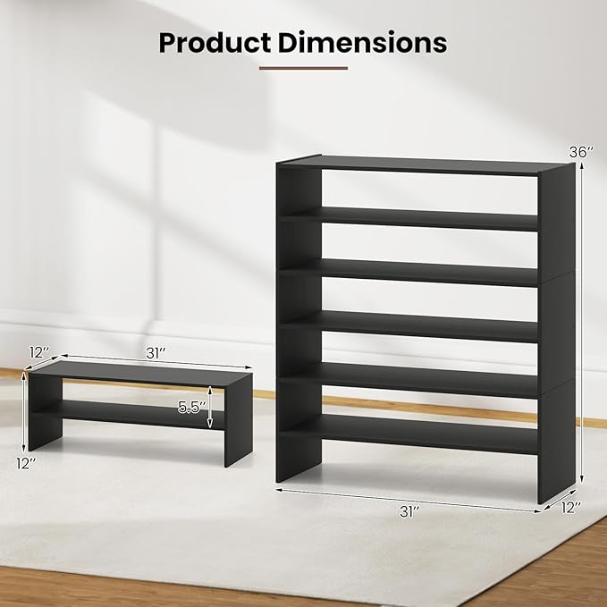 Giantex 3-in-1 Vertical Shoe Rack, 6-Tier Free Standing Shoe Storage Organizer w/Stackable Design for 18 Pairs, 31 Inch Wide Wood Shoe Shelf for Closet, Entryway, Living Room, Office (2, Black)