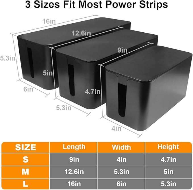 Cable Management Box - 3 Pack Cord Organizer Box for Desk - Large Medium Small Cable Box to Hide Power Strip & Wires - Pet-Safe Cord Hider for TV Computer Under Desk - Black