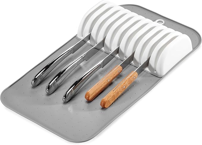 madesmart Large Knife Mat, Soft-Grip In Drawer Knife Organizer for 12 Knives, Non-Slip Kitchen Drawer Storage, Space Saving Knife Block Alternative, Grey